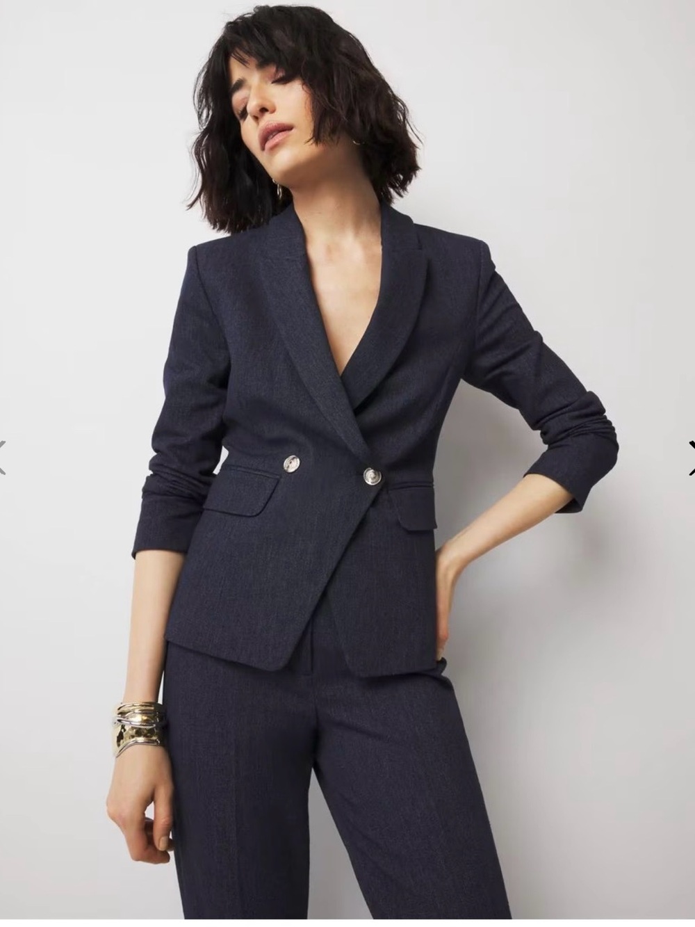 White House Black Market Women's Navy Denim Look Double-Button Blazer